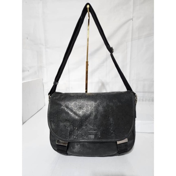 Authentic GUCCI Imprime Monogram Medium Double Buckle Flap Messenger Bag Black - Picture 1 of 16